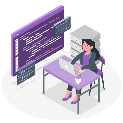 Female developer at a purple desk coding on a laptop, with large code-filled screens and stacked servers nearby.