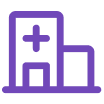 Purple outline icon of a hospital with a cross on a tall building and a smaller adjacent block.