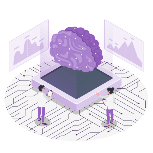 Purple brain above a processor with two researchers reviewing data charts on screens, symbolizing AI analytics.