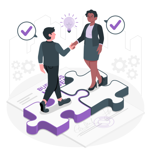 Two businesspeople shake hands on oversized puzzle pieces atop a document, symbolizing partnership and collaboration.