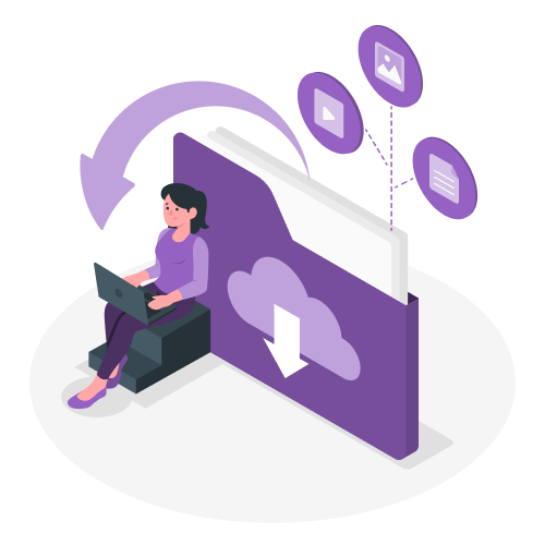 Person with laptop sits beside a large purple cloud/storage folder icon, illustrating cloud data transfer/download in progress.