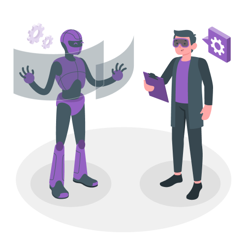 Scientist wearing a VR headset with a clipboard observes a purple humanoid robot behind curved holographic panels, gears floating nearby.