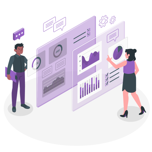 Two people analyze and discuss data dashboards with charts and graphs on translucent purple screens.