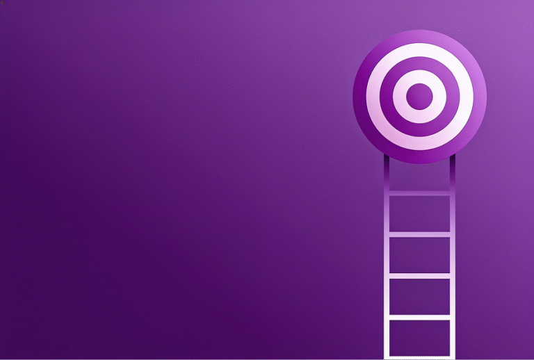 Purple bullseye target at the top of a white ladder against a purple gradient background, symbolizing reaching a goal.