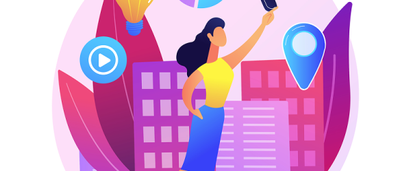Businesswoman presenting in front of stylized city buildings with a megaphone, lightbulb, pie chart, and location pin.