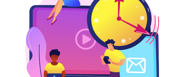 People using digital devices around a large monitor and a clock, symbolizing time management and online learning/communication